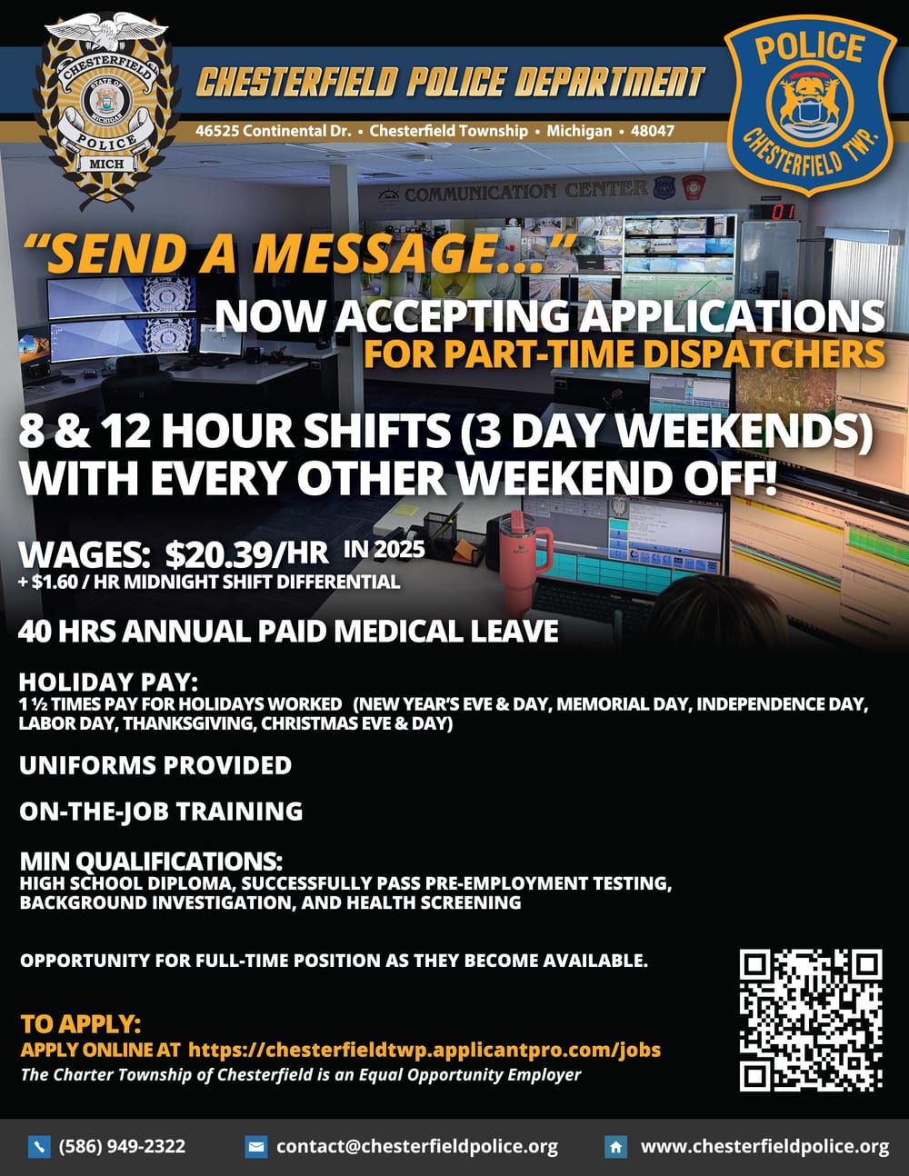 Chesterfield Township Department of Public Safety dispatcher recruiting flyer