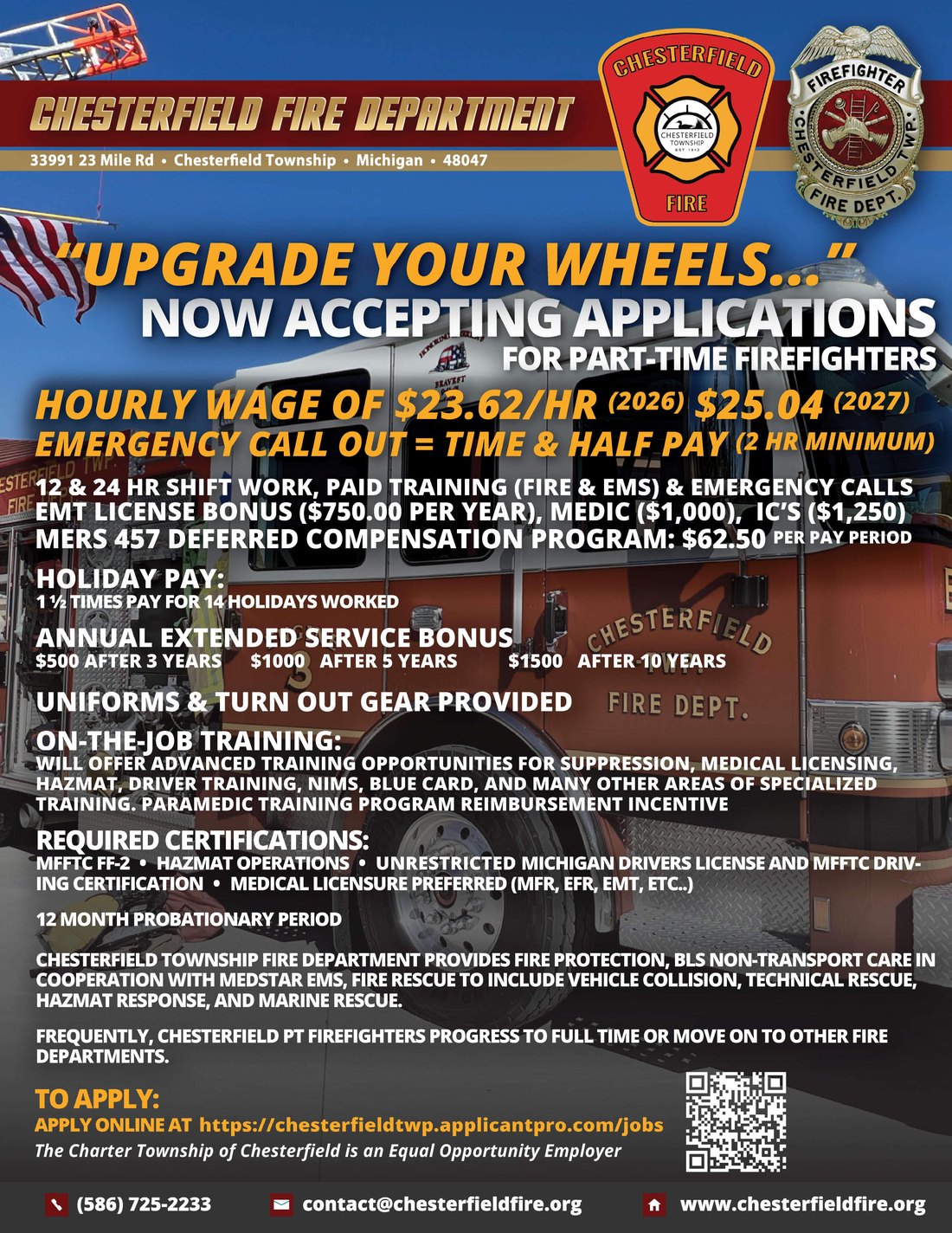 Chesterfield Fire Department Spring 2026 part-time firefighter recruiting flyer: now accepting applications, hourly wage, benefits and required certifications