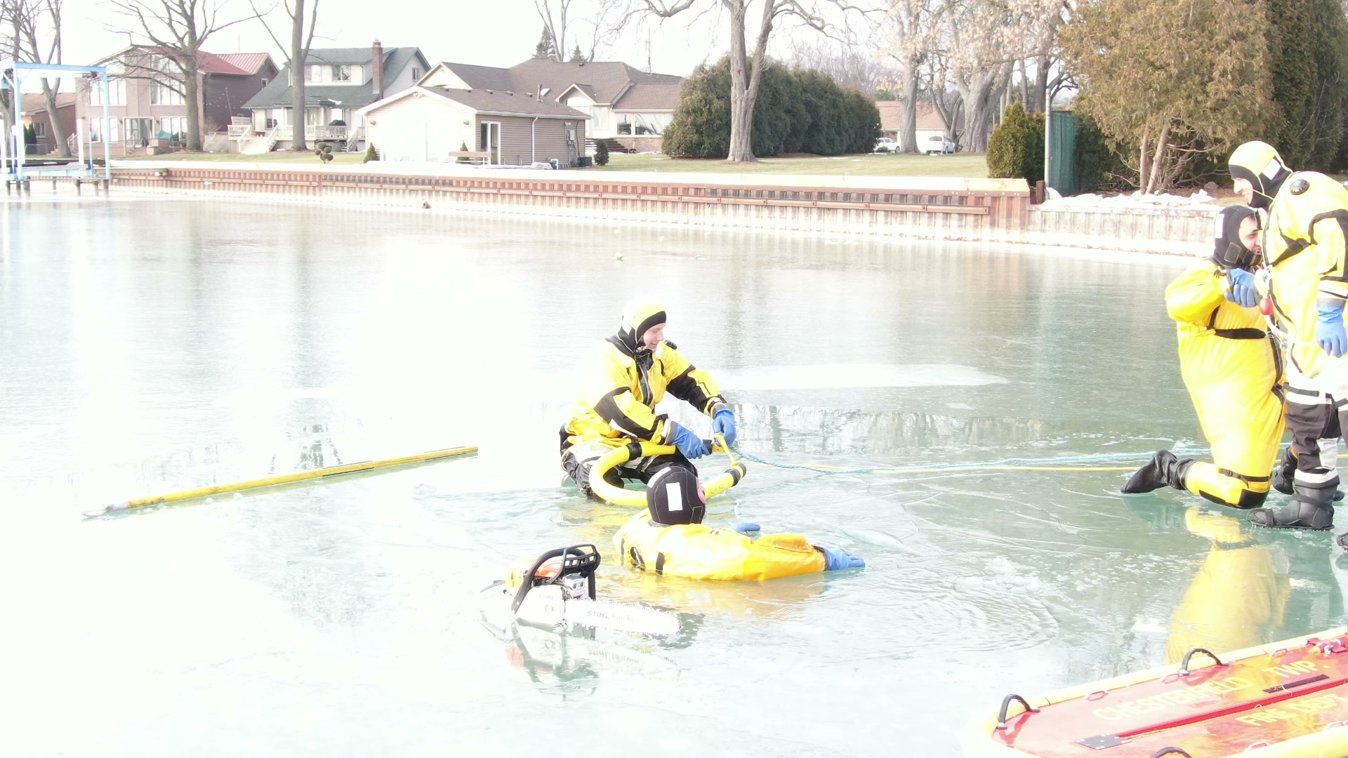 An ice rescue drill seen from the department drone