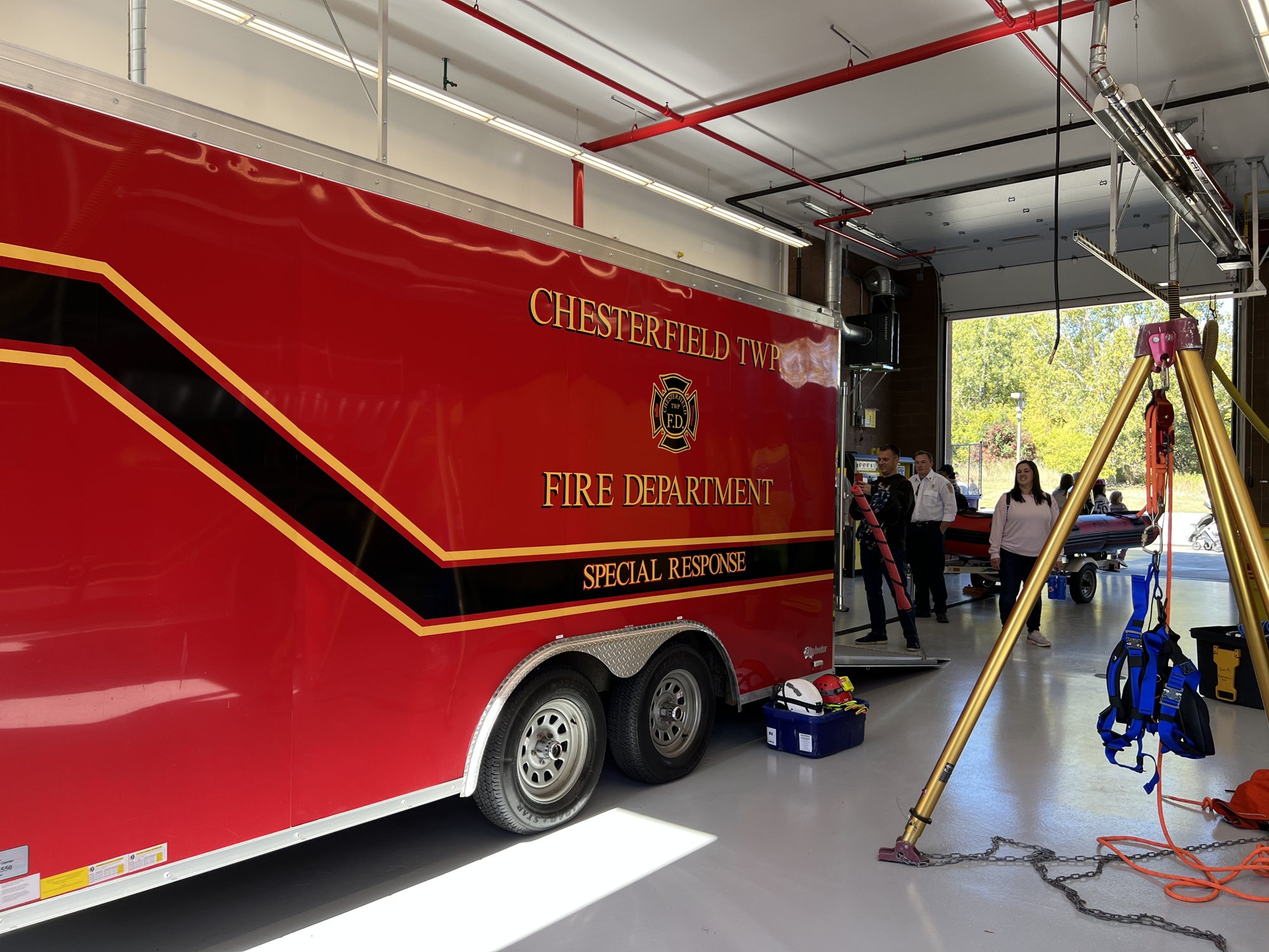 The special response trailer and rope rescue tripod on display