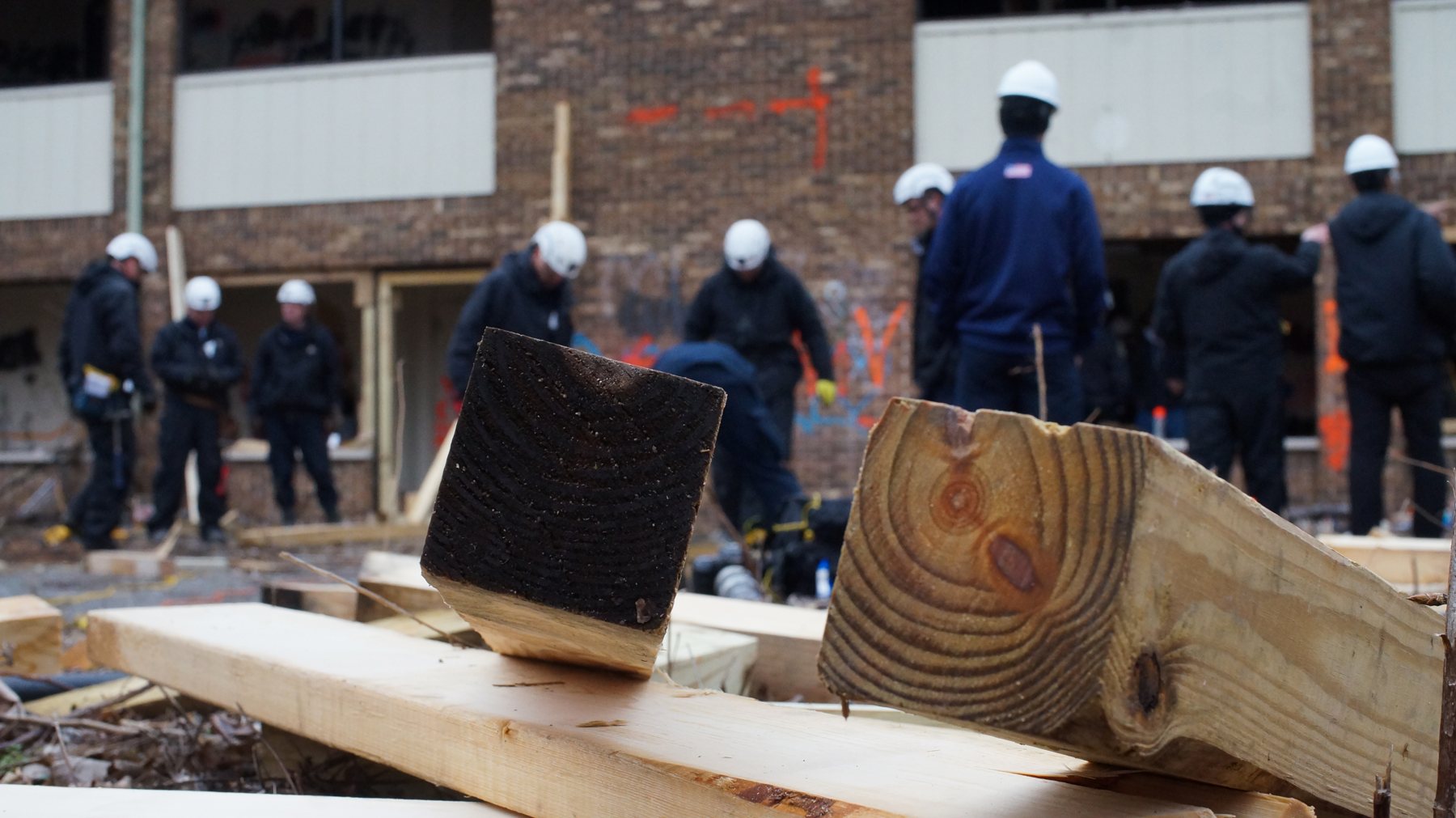 Crews and cribbing at a building collapse training site