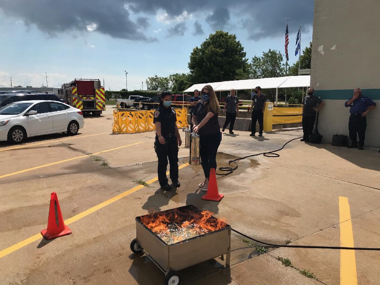 A live fire extinguisher prop set up for training