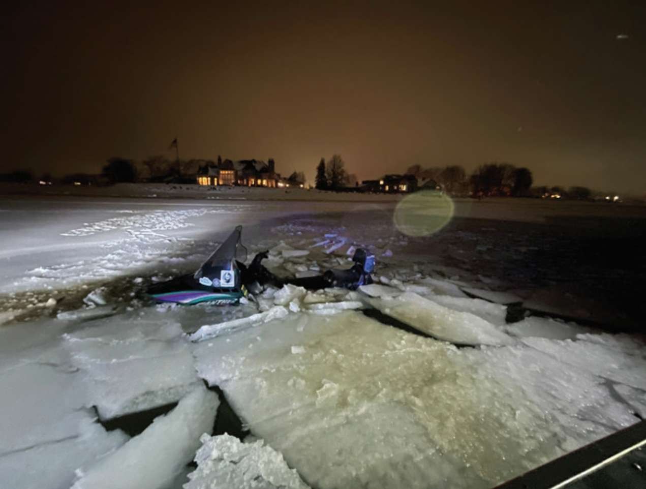 The broken ice behind Goulette Point where the snowmobile went through