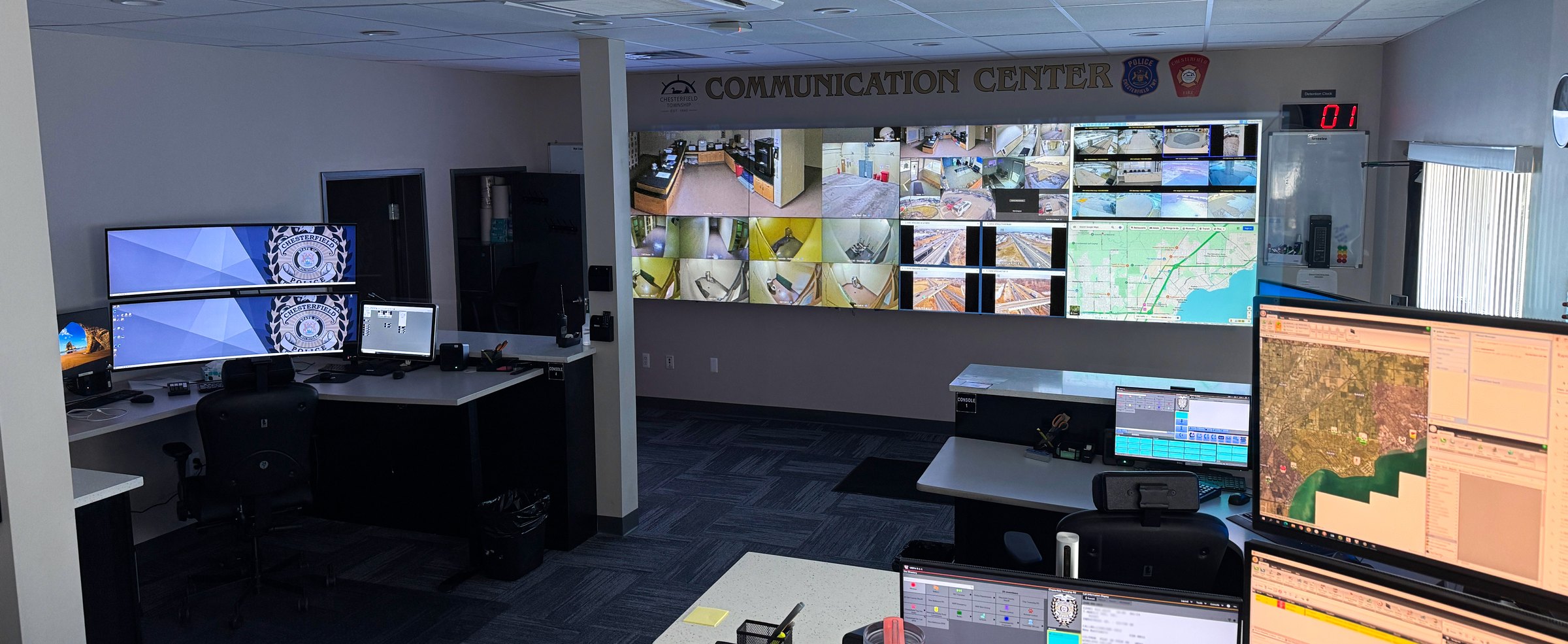 Video wall and dispatch consoles in the Chesterfield Township Communication Center