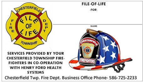The File of Life card provided by Chesterfield Township Fire Department in cooperation with Henry Ford Health System