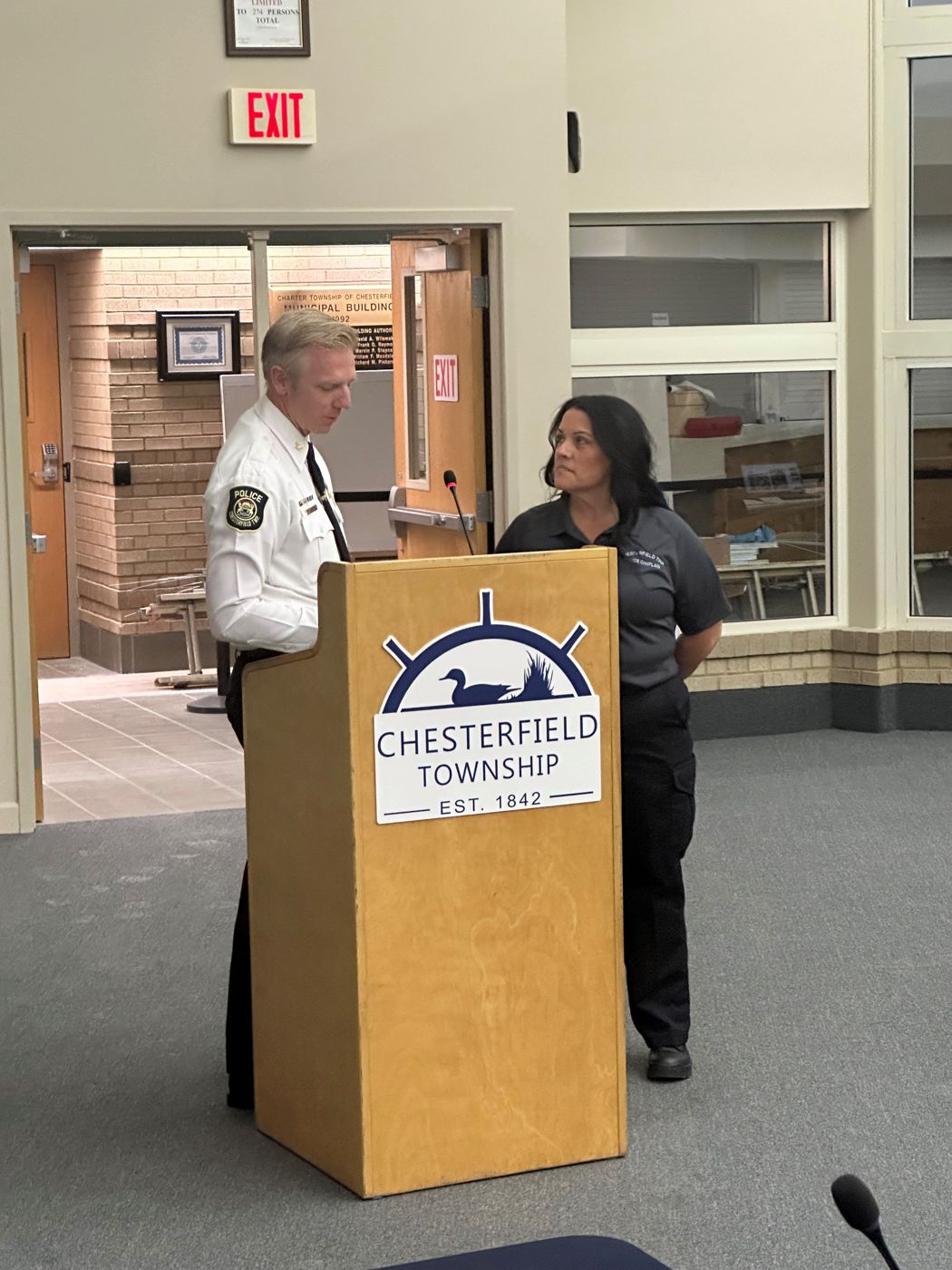 Chaplain Kim Fleece and Director Brian Bassett at a Chesterfield Township ceremony
